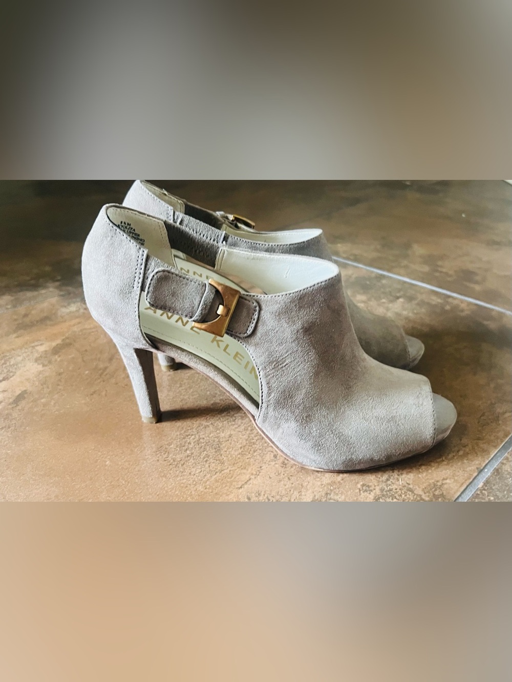 Anne Klein Taupe Suede Peep-Toe Slingback Heel with Gold Buckle